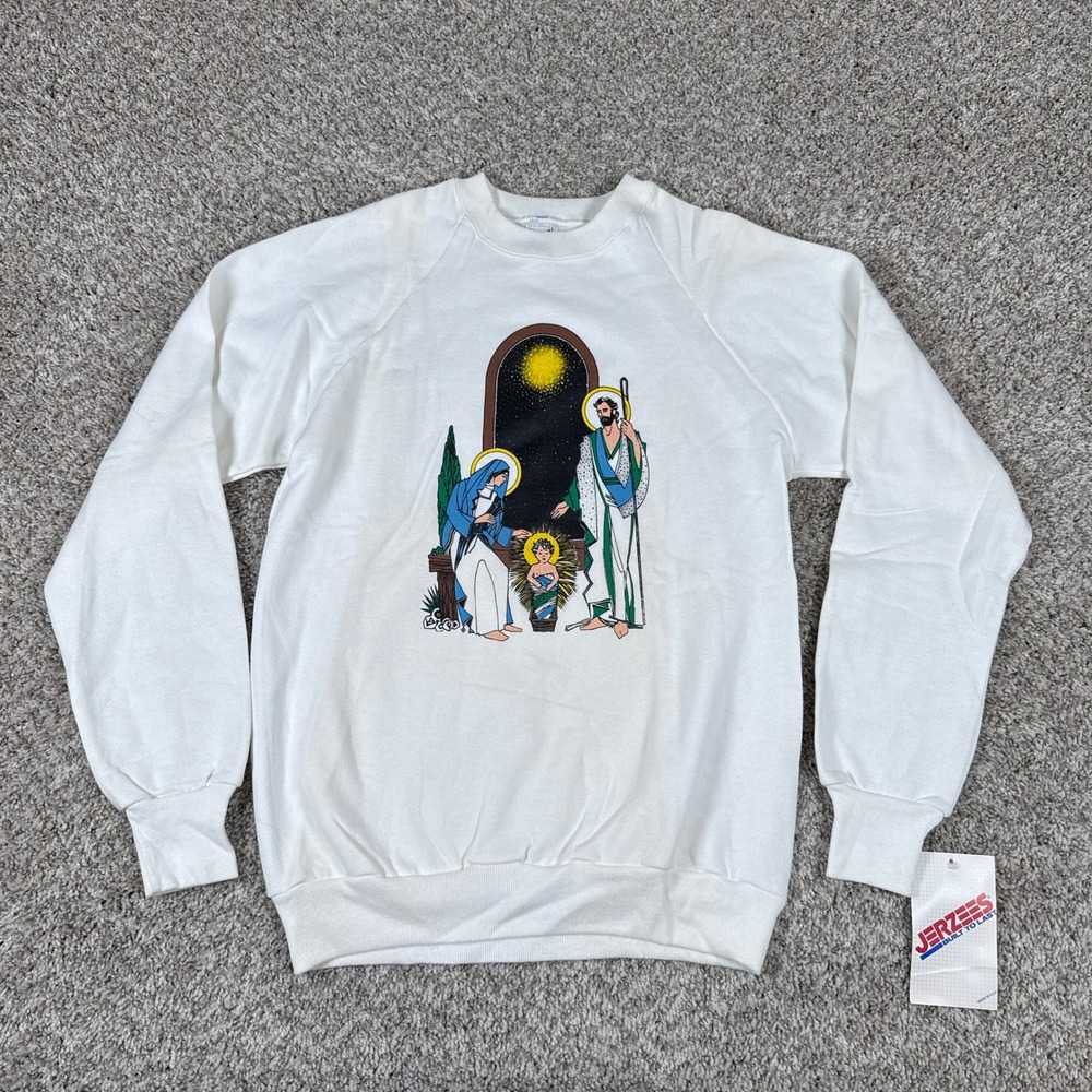 Jerzees Nativity Sweatshirt Unisex Medium White Vintage 80s Graphic Religious